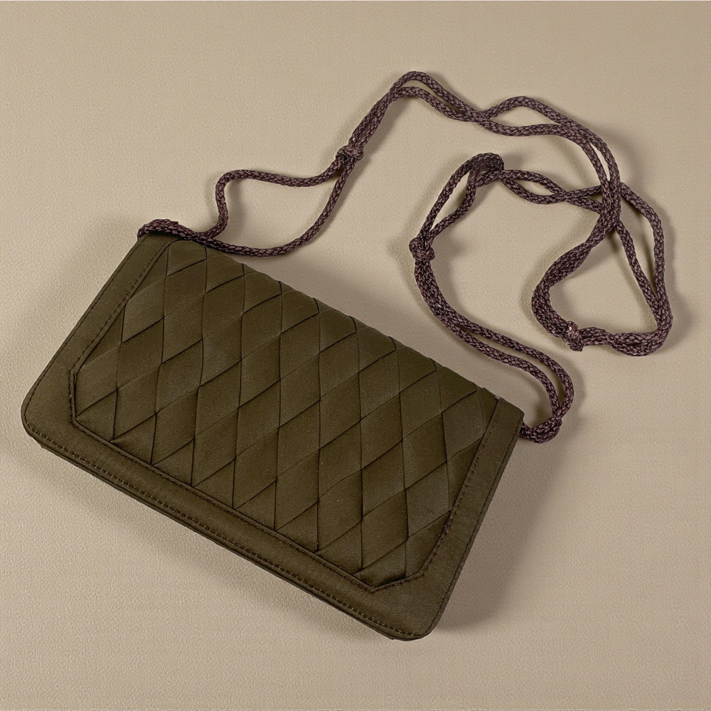 Vintage 1980's Magid Olive Brown Satin Woven Ribbon Purse Bag Convertible Clutch
